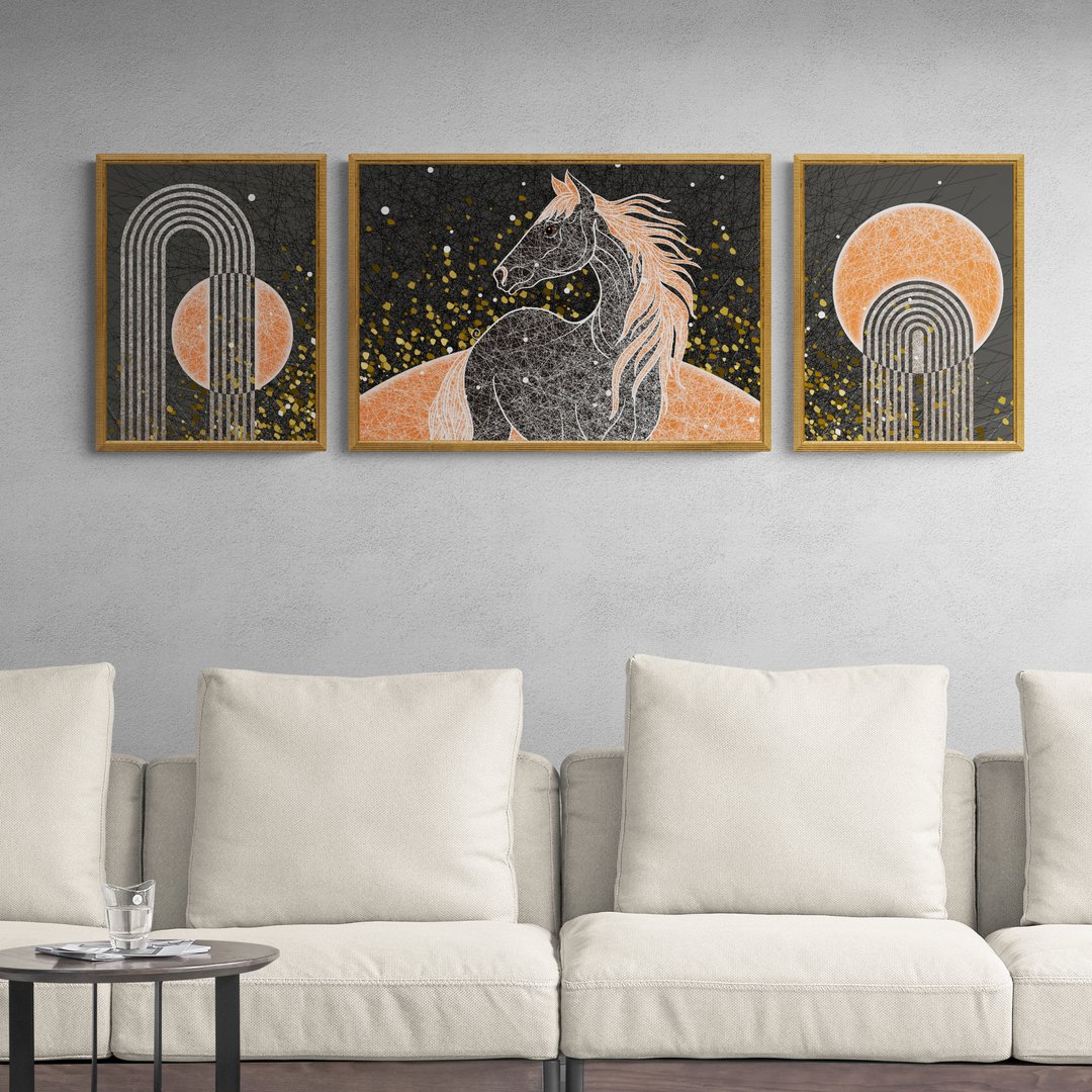 At Figürlü Dekoratif Çerçeveli Ahşap Tablo Seti