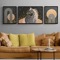 At Figürlü Dekoratif Çerçeveli Ahşap Tablo Seti