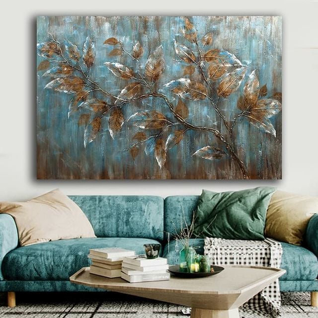 Dekoratif Yapraklar Kanvas Tablo Mavi Kahve 120x80