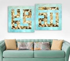 Kufi Hat ile yazılmış Allah (cc) ve Muhammed (sav) Yazılı 2 Parçadan Oluşan Kanvas Tablo