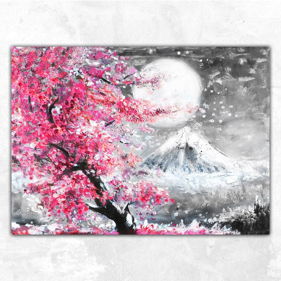 Sakura ve Dağ ile Yağlı Boya Manzara Kanvas Tablo