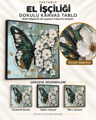 Yeşil Kelebek Beyaz Çiçek El İşçiliğiyle Kabartma Dokulu Kanvas Tablo