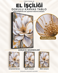 Beyaz Çiçek Altın Detaylı El İşçiliğiyle Kabartma Dokulu Kanvas Tablo
