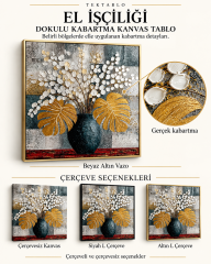 Beyaz Altın Vazo El İşçiliği Dokulu Kabartma Kare Kanvas Tablo