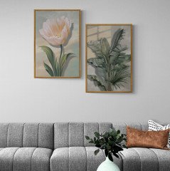 Çiçek Desenli Çerçeveli Ahşap Tablo 32x24 cm - Altın