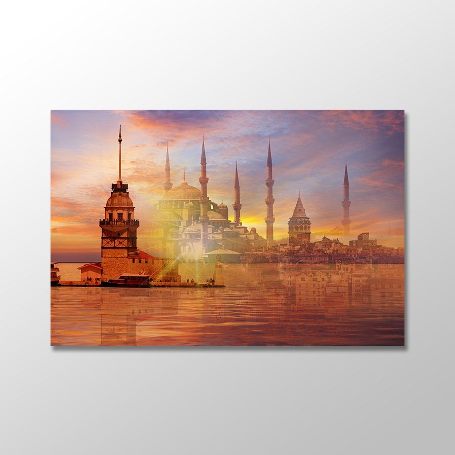 İstanbul Kız Kulesi, Galata Kulesi, Sultanahmet Camii Kanvas Tablo