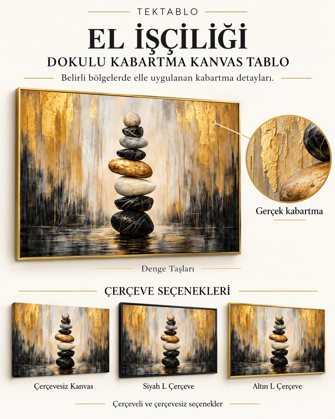 Denge Taşları El İşçiliği Dokulu Kabartma Kanvas Tablo