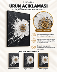 Siyah Beyaz Altın Çiçek Desenli Dokulu Kanvas Tablo