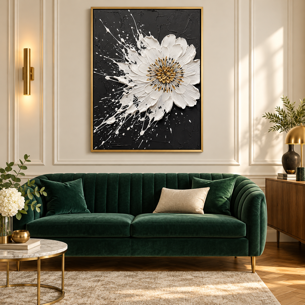 Siyah Beyaz Altın Çiçek Desenli Dokulu Kanvas Tablo