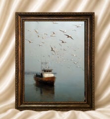 Vintage Yağlı Boya Görünümlü Deniz Manzaralı Klasik Tablo