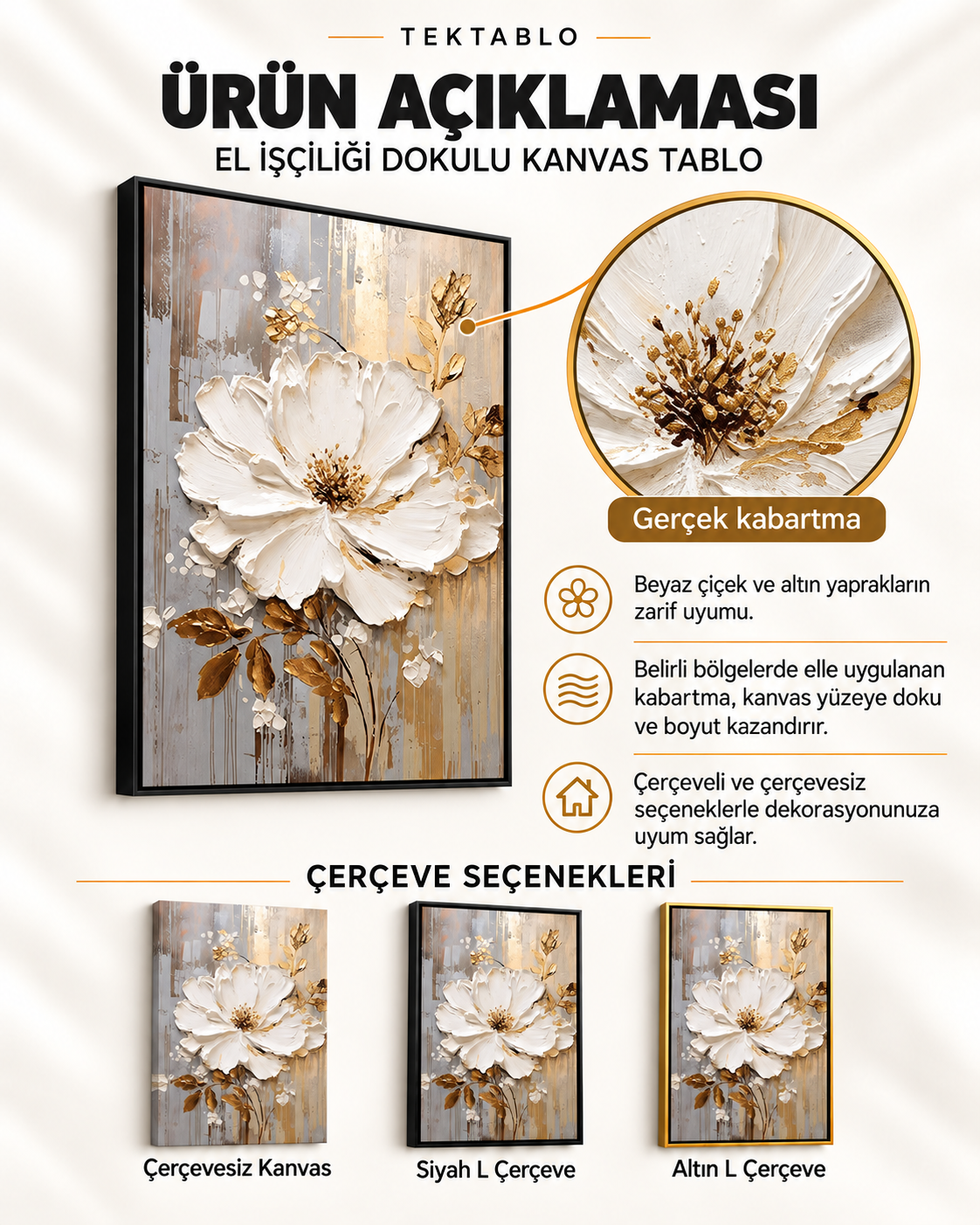 Beyaz Çiçek Altın Yaprak El İşçiliği Kabartmalı Kanvas Tablo