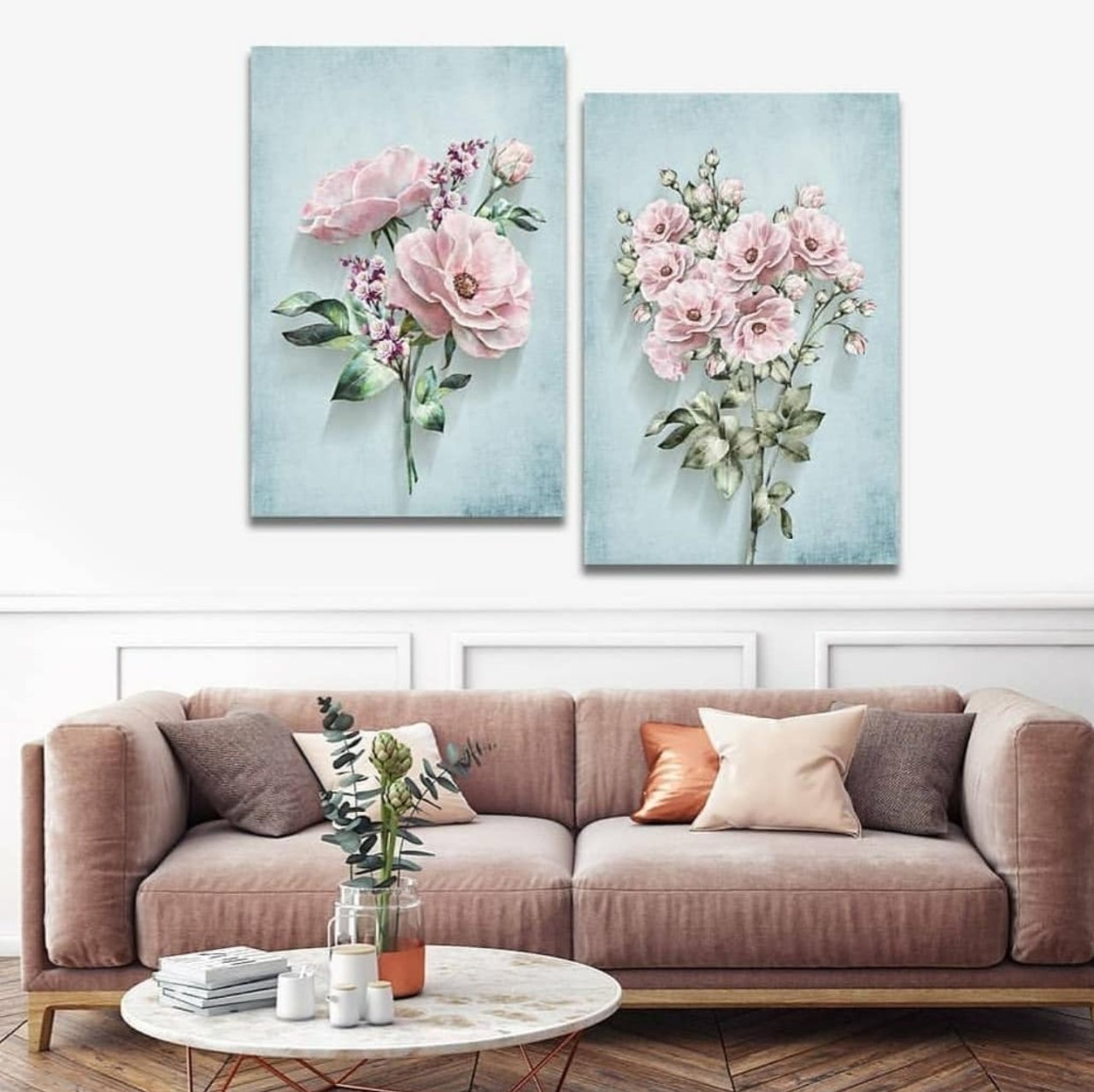 2 Parçadan Oluşan Dekoratif Pembe Güller Kanvas Tablo 60x40 2 prç