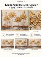 Krem Zeminde Altın Ağaçlar El İşçiliği Kabartmalı Kanvas Tablo