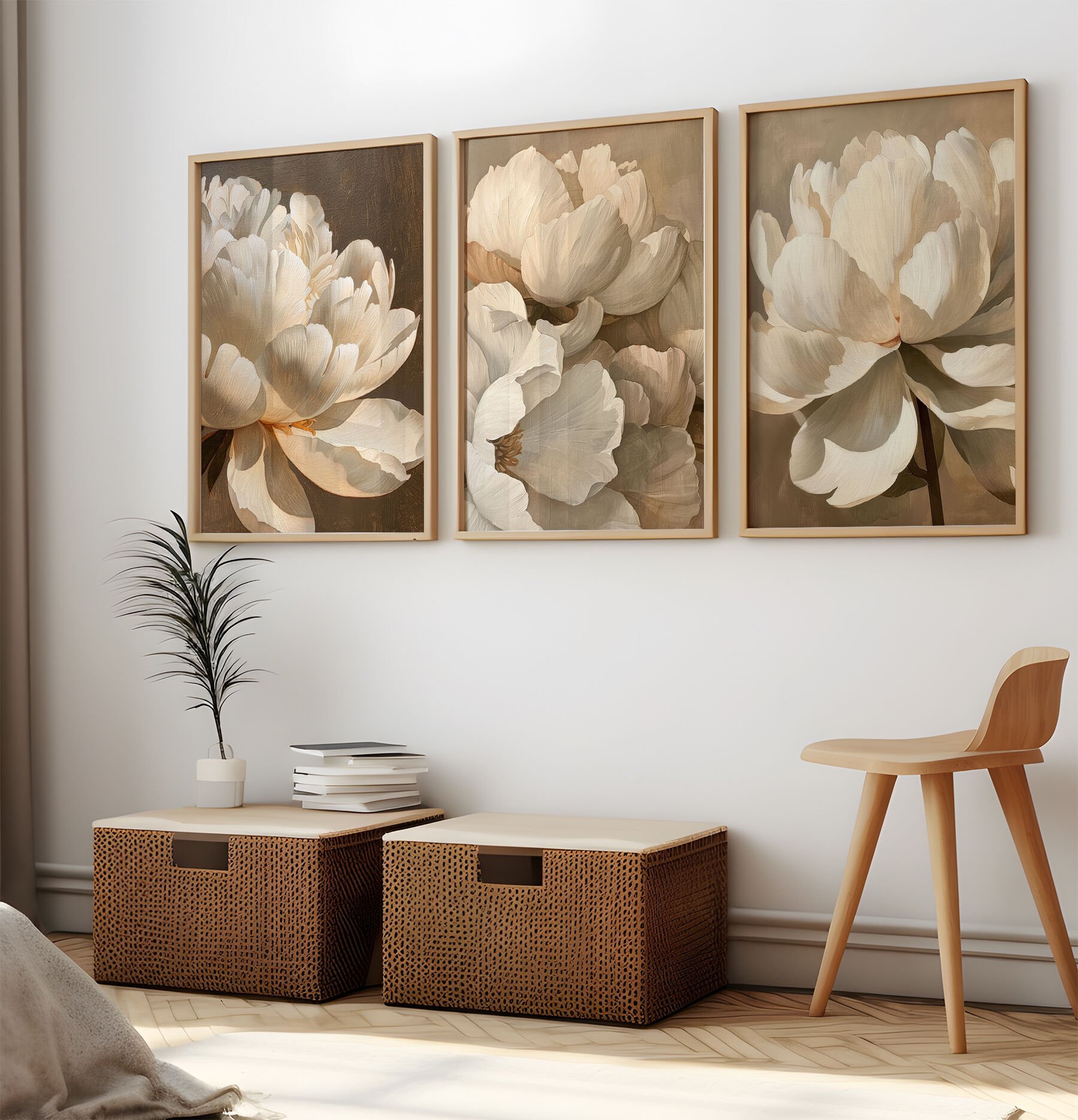 Çiçekli 3’lü Tablo Seti, Çerçeveli Tablo  Modern Duvar Dekoru