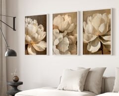 Çiçekli 3’lü Tablo Seti, Çerçeveli Tablo  Modern Duvar Dekoru