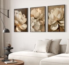 Çiçekli 3’lü Tablo Seti, Çerçeveli Tablo  Modern Duvar Dekoru