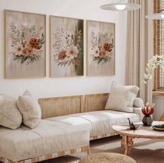 Çiçekli 3’lü Tablo Seti, Ahşap Çerçeveli Tablo  Modern Duvar Dekoru