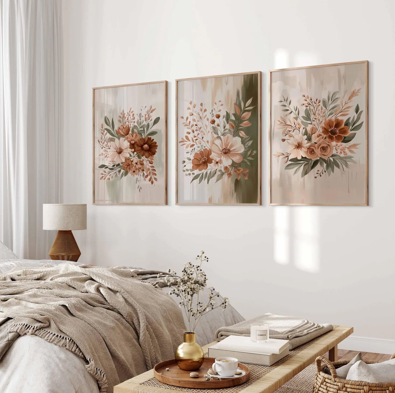 Çiçekli 3’lü Tablo Seti, Ahşap Çerçeveli Tablo  Modern Duvar Dekoru