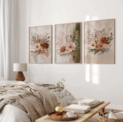 Çiçekli 3’lü Tablo Seti, Ahşap Çerçeveli Tablo  Modern Duvar Dekoru
