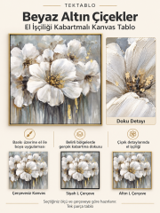 Beyaz Altın Çiçekler El İşçiliği Kabartmalı Kare Kanvas Tablo