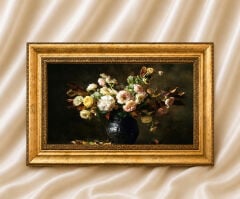 Vazoda Çiçekler Vintage Yağlı Boya Görünümlü  Çerçeveli Tablo