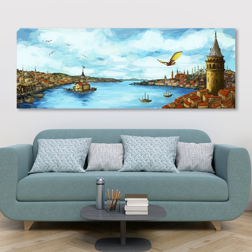 Hezarfen Ahmed Celebi ile Eski İstanbul Manzarası Panoramik Kanvas Tablo