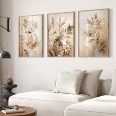 Krem Tonlarında 3’lü Tablo Seti – Krem Koltuk Takımlarıyla Uyumlu Modern Çiçekli Duvar Dekoru