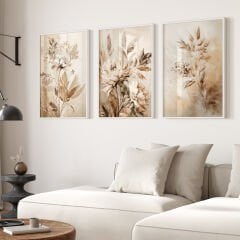Krem Tonlarında 3’lü Tablo Seti – Krem Koltuk Takımlarıyla Uyumlu Modern Çiçekli Duvar Dekoru