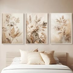 Krem Tonlarında 3’lü Tablo Seti – Krem Koltuk Takımlarıyla Uyumlu Modern Çiçekli Duvar Dekoru