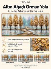 Altın Ağaçlı Orman Yolu El İşçiliği Dokulu Kanvas Tablo