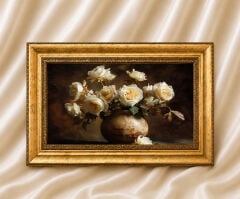 Vazoda Çiçekler Vintage Yağlı Boya Görünümlü  Çerçeveli Tablo