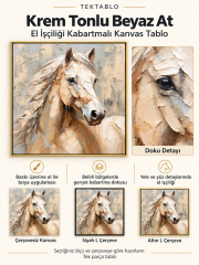 Krem Tonlu Beyaz At El İşçiliği Kabartmalı Kare Kanvas Tablo