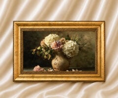 Vazoda Çiçekler Vintage Yağlı Boya Görünümlü  Çerçeveli Tablo