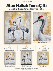 Altın Halkalı Turna Çifti El İşçiliği Kabartmalı Kanvas Tablo