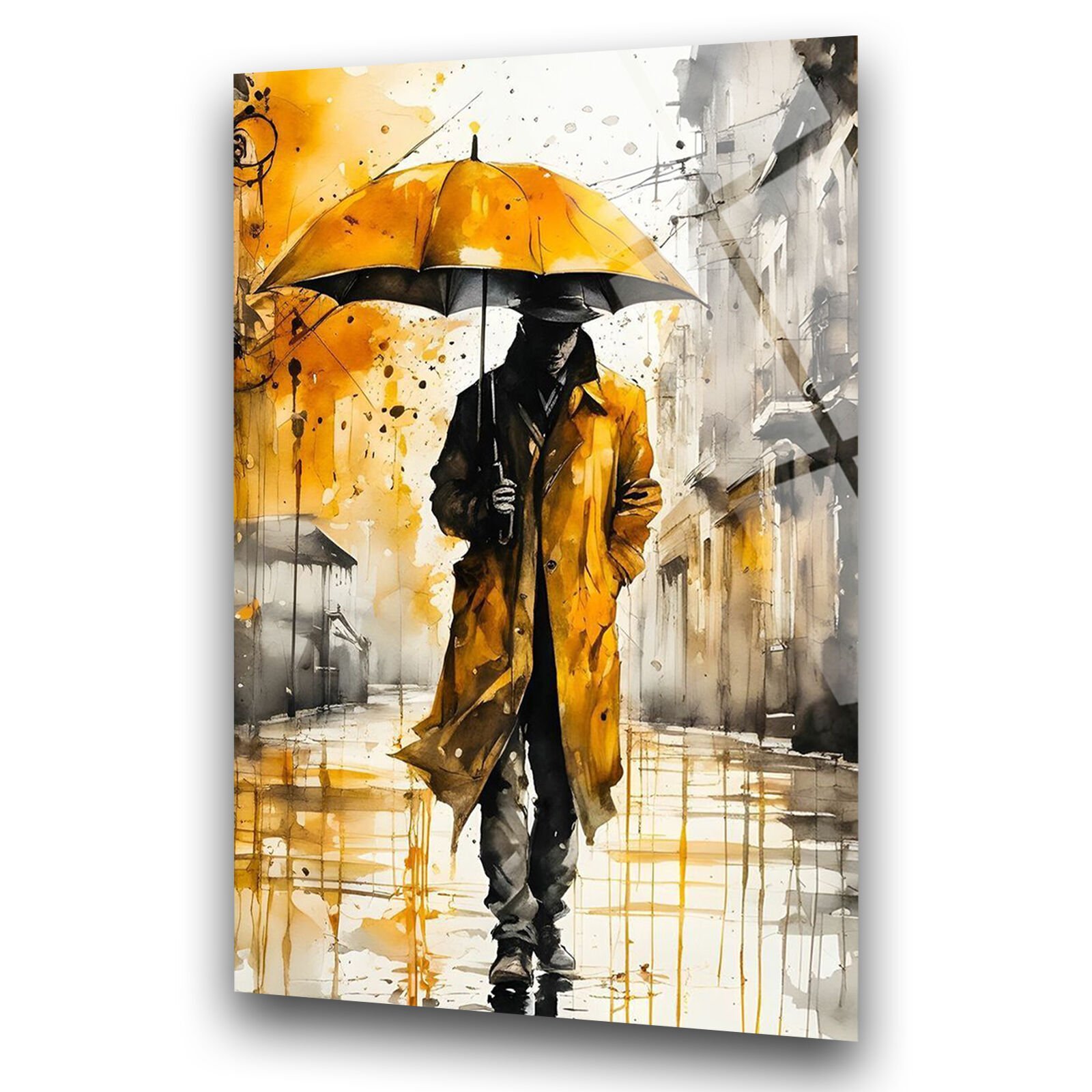 Soyut Şemsiyeli Adam Cam Tablo – Temperli Cam Duvar Sanatı