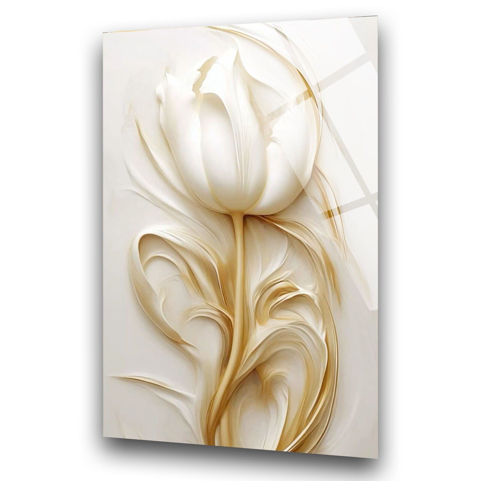 3D Beyaz Gül Cam Tablo – 4 mm Kırılmaz Cam Duvar Sanatı