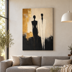 Altın Detaylı Soyut Çift El İşçiliği Kabartmalı Kanvas Tablo