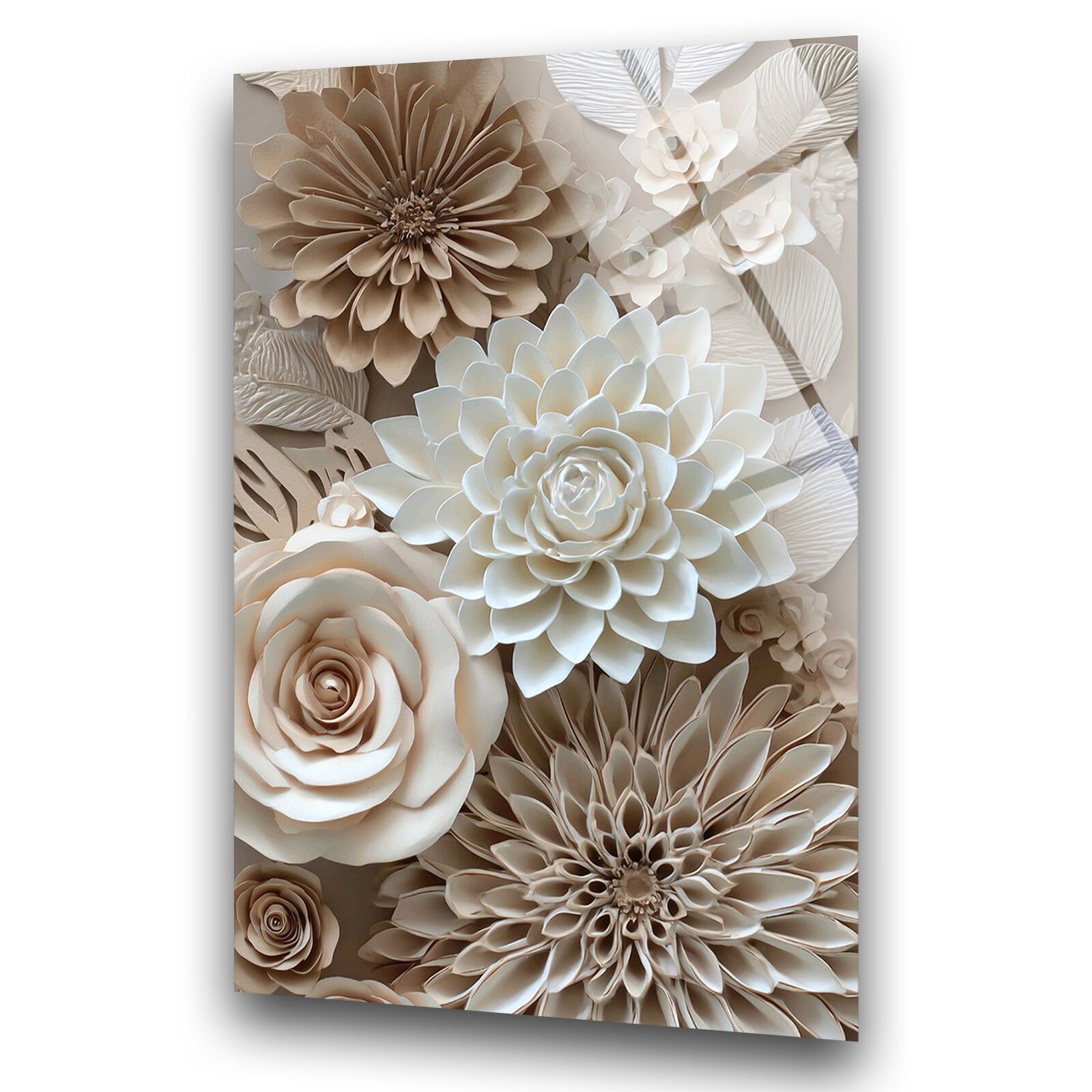 Beyaz Krem Çiçekler Cam Tablo – 4 mm Kırılmaz Cam Duvar Sanatı