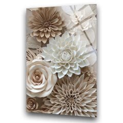 Beyaz Krem Çiçekler Cam Tablo – 4 mm Kırılmaz Cam Duvar Sanatı