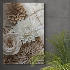 Beyaz Krem Çiçekler Cam Tablo – 4 mm Kırılmaz Cam Duvar Sanatı