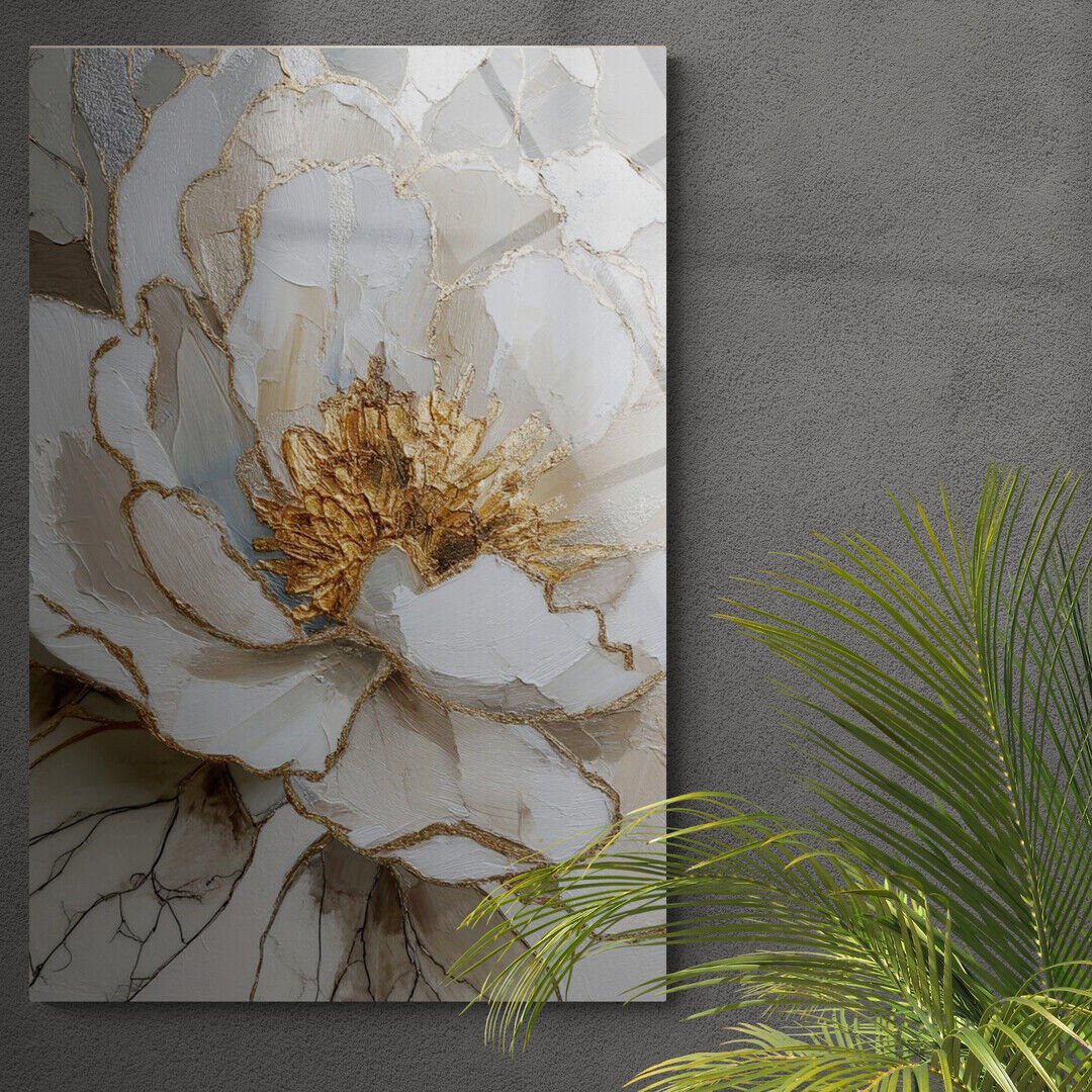 Beyaz Çiçek Altın Detaylı Cam Tablo – Cam Duvar Sanatı
