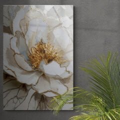 Beyaz Çiçek Altın Detaylı Cam Tablo – Cam Duvar Sanatı