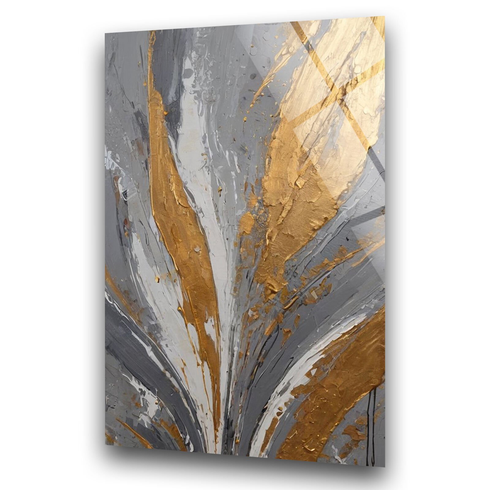 Yağlı Boya Görünümlü Altın Gri Yapraklar Cam Tablo – Cam Duvar Sanatı