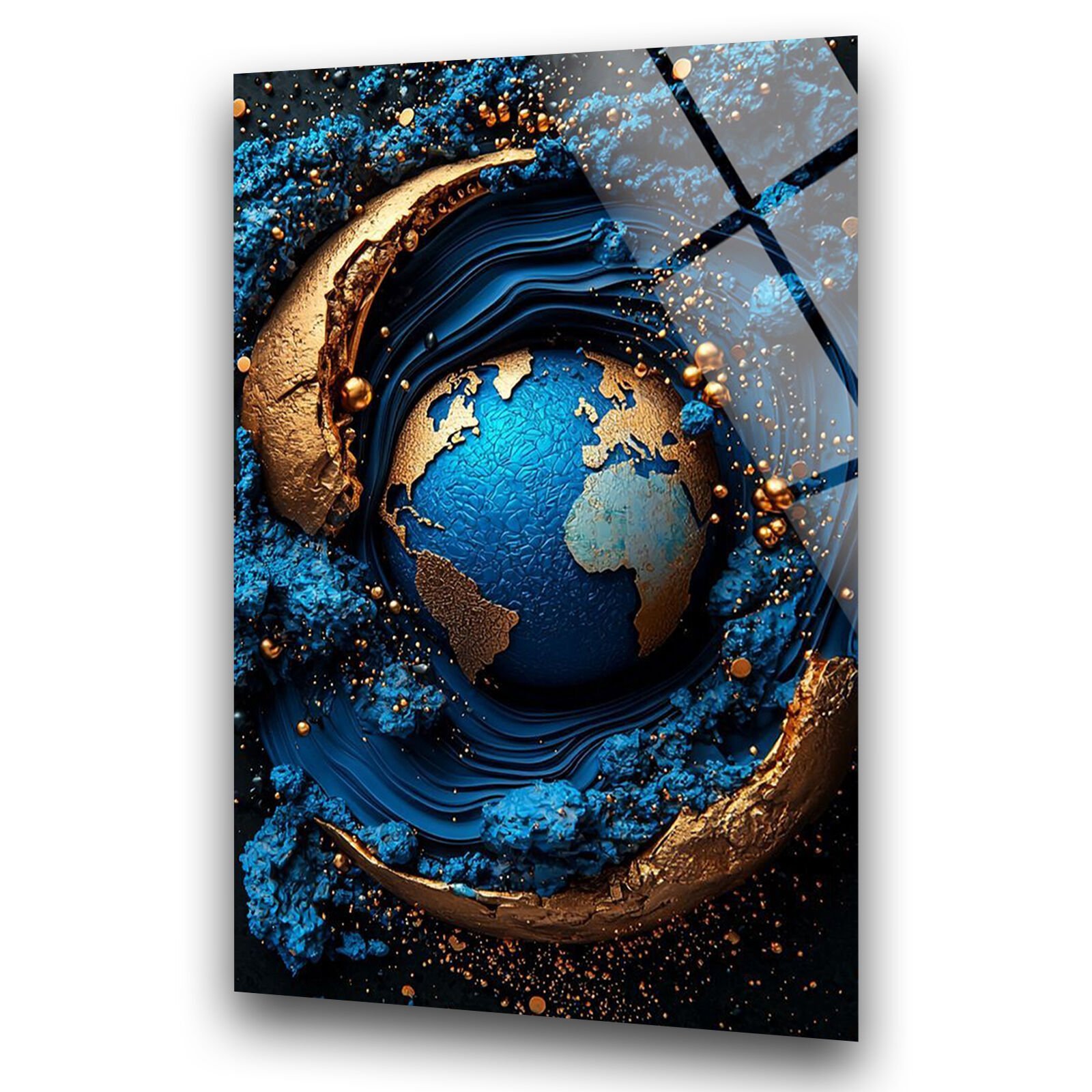 Dünya Cam Tablo, Gold Mavi ve Siyah Renkli – Cam Duvar Sanatı