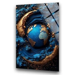 Dünya Cam Tablo, Gold Mavi ve Siyah Renkli – Cam Duvar Sanatı