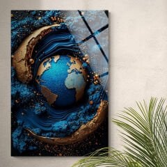 Dünya Cam Tablo, Gold Mavi ve Siyah Renkli – Cam Duvar Sanatı