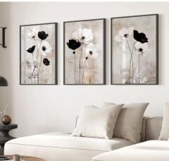 3 Parça Tablo, Siyah Çiçek Tablo