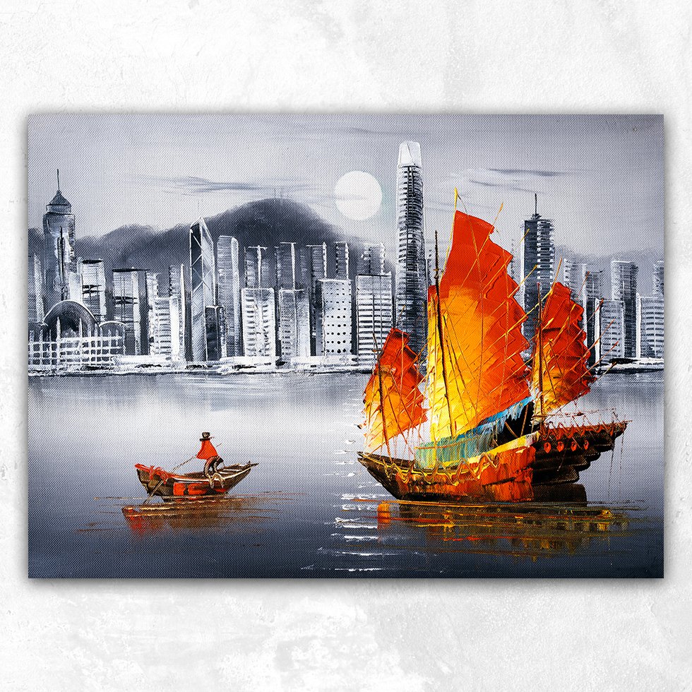 Victoria Limanı Hong Kong Siyah Beyaz Soyut Kanvas Tablo