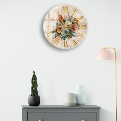Duvar Saati - Cam Duvar Saati Çiçek Desenli 36x36 cm