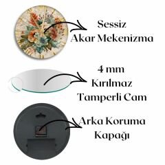 Duvar Saati - Cam Duvar Saati Çiçek Desenli 36x36 cm